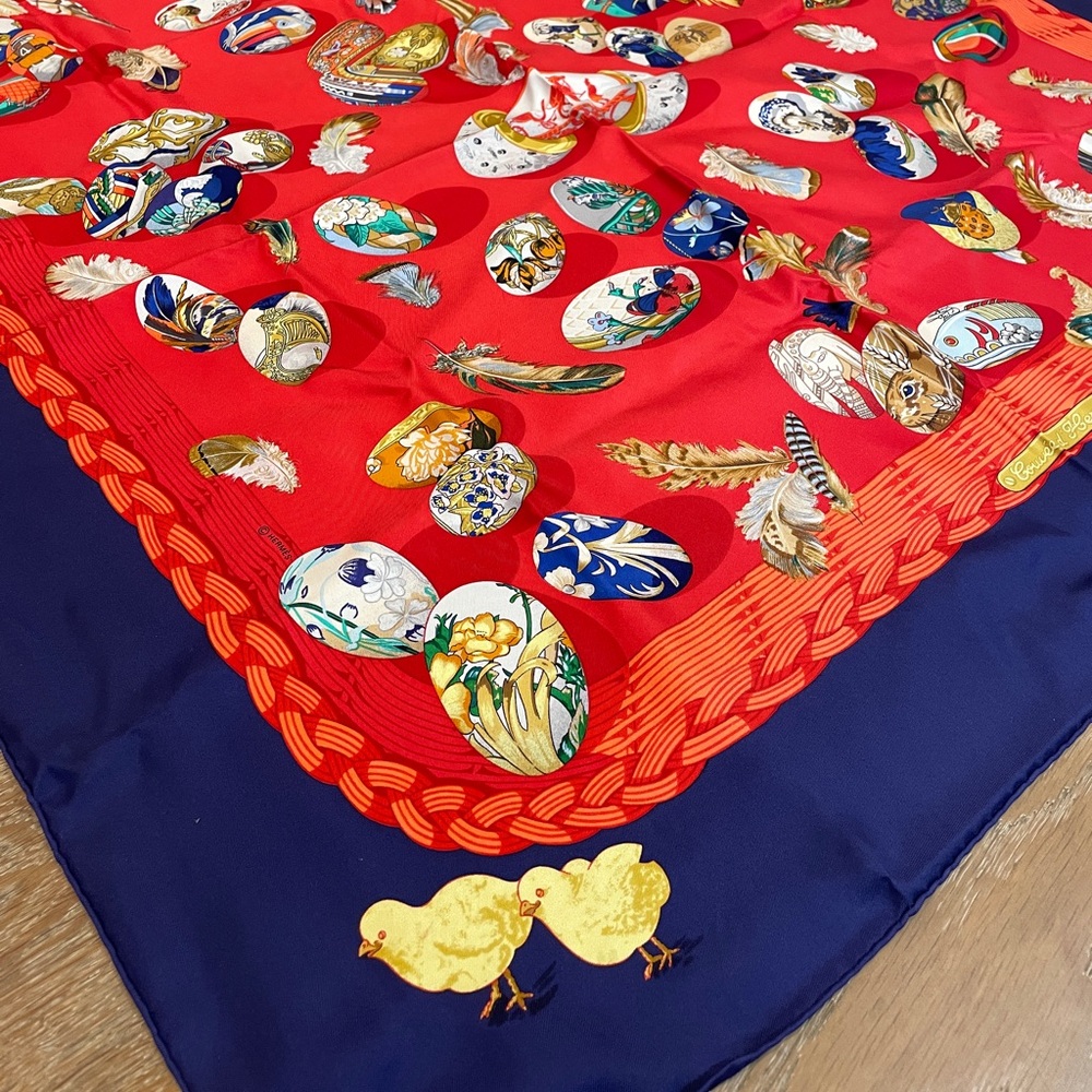 Authentic Vintage Hermes Silk Scarf "Couvee d'Hermes" Red, Blue, Eggs, Feathers